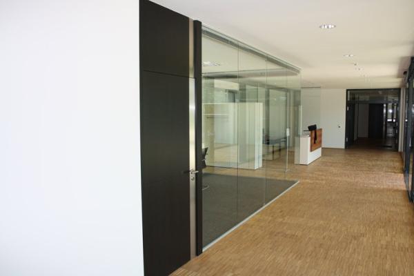Glastrennwände mit Eingangstür aus schwarzem MDF und Edelstahl-Applikationen 2